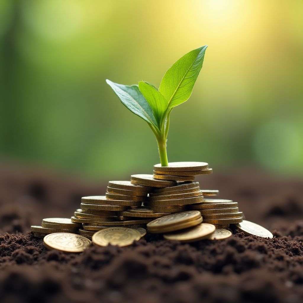 Planta creciendo de un montón de monedas.