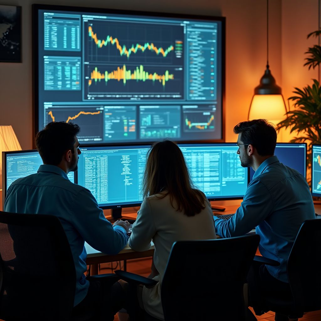 Equipo de analistas trabajando con datos en múltiples pantallas.